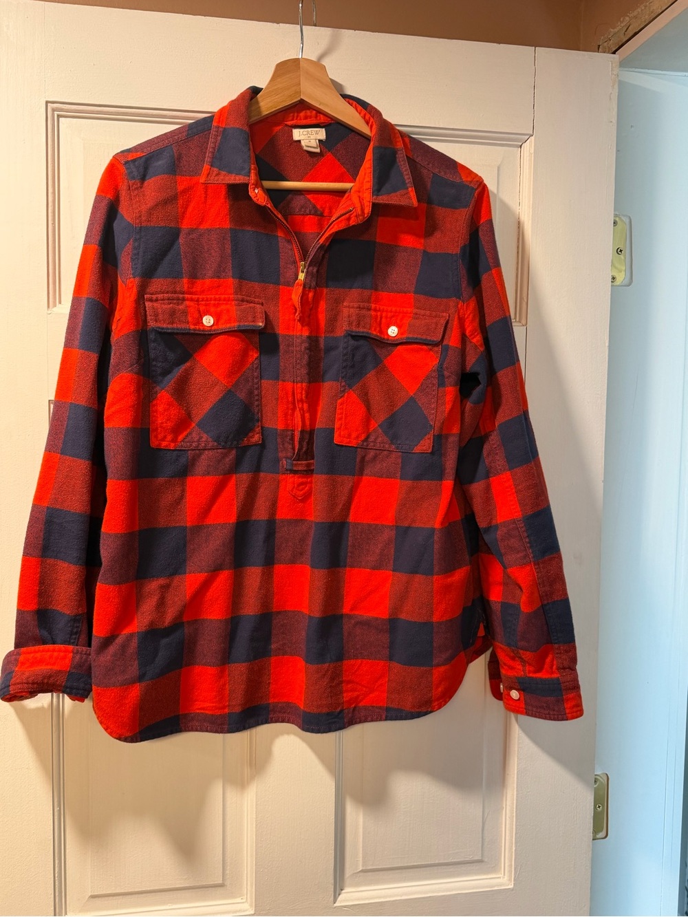 J. Crew Factory Red and Navy Buffalo Plaid Half-Zip Shirt
